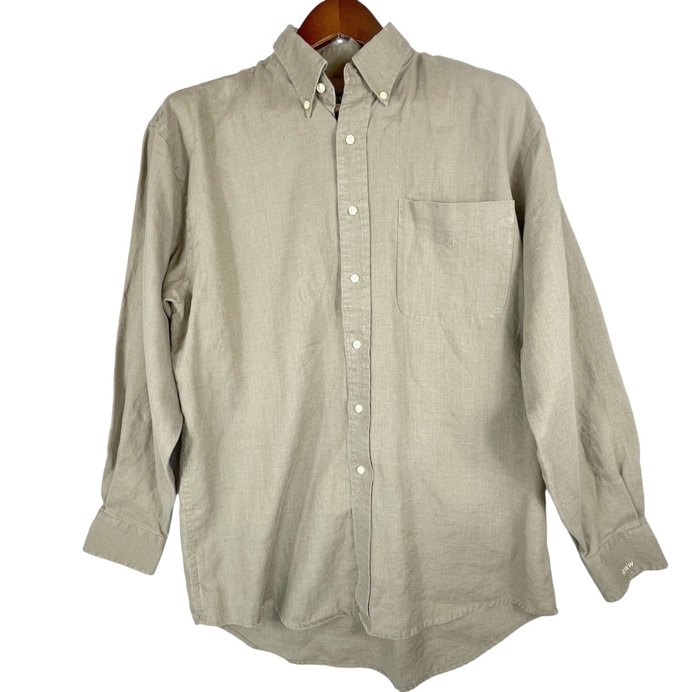Jos A Bank Traveler's 100% Linen Shirt Men M Olive Button Down Monogram RWW